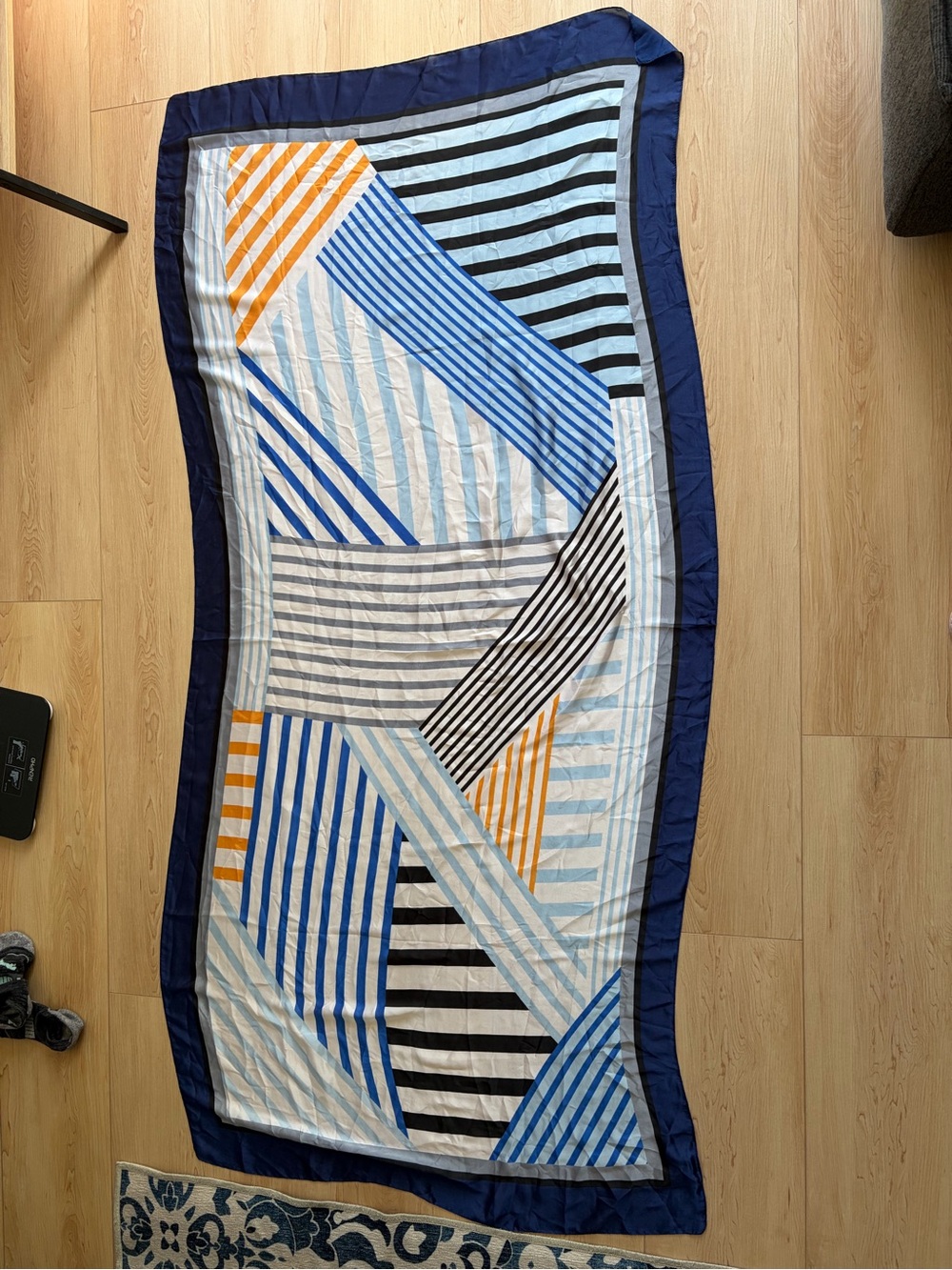 Navy Border Geometric Striped Scarf in Blue, White & Yellow